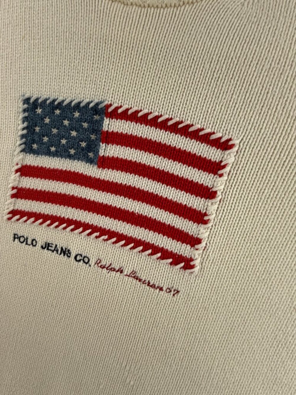 Polo Jeans Co Ralph Lauren Flag Sweater Knit Graphic Pullover Ivory Patriotic - Picture 3 of 16